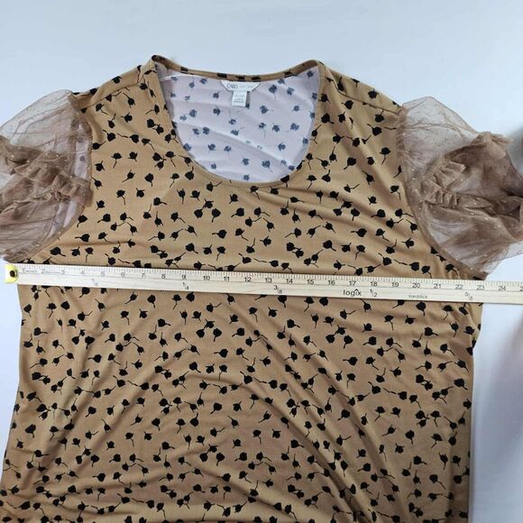 Cato Mixed Fabric Top Tan Black Floral Print Long Net Sleeves Women's Size 18/20 - Picture 5 of 11